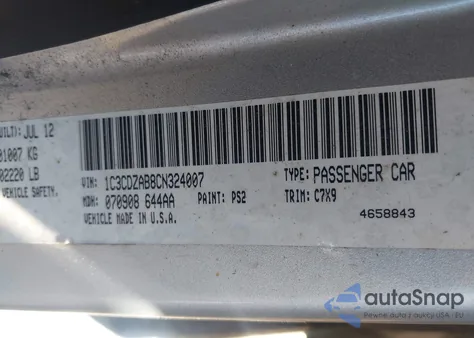 2012 Dodge Avenger Se from USA, damaged, VIN 1C3CDZAB8CN324007